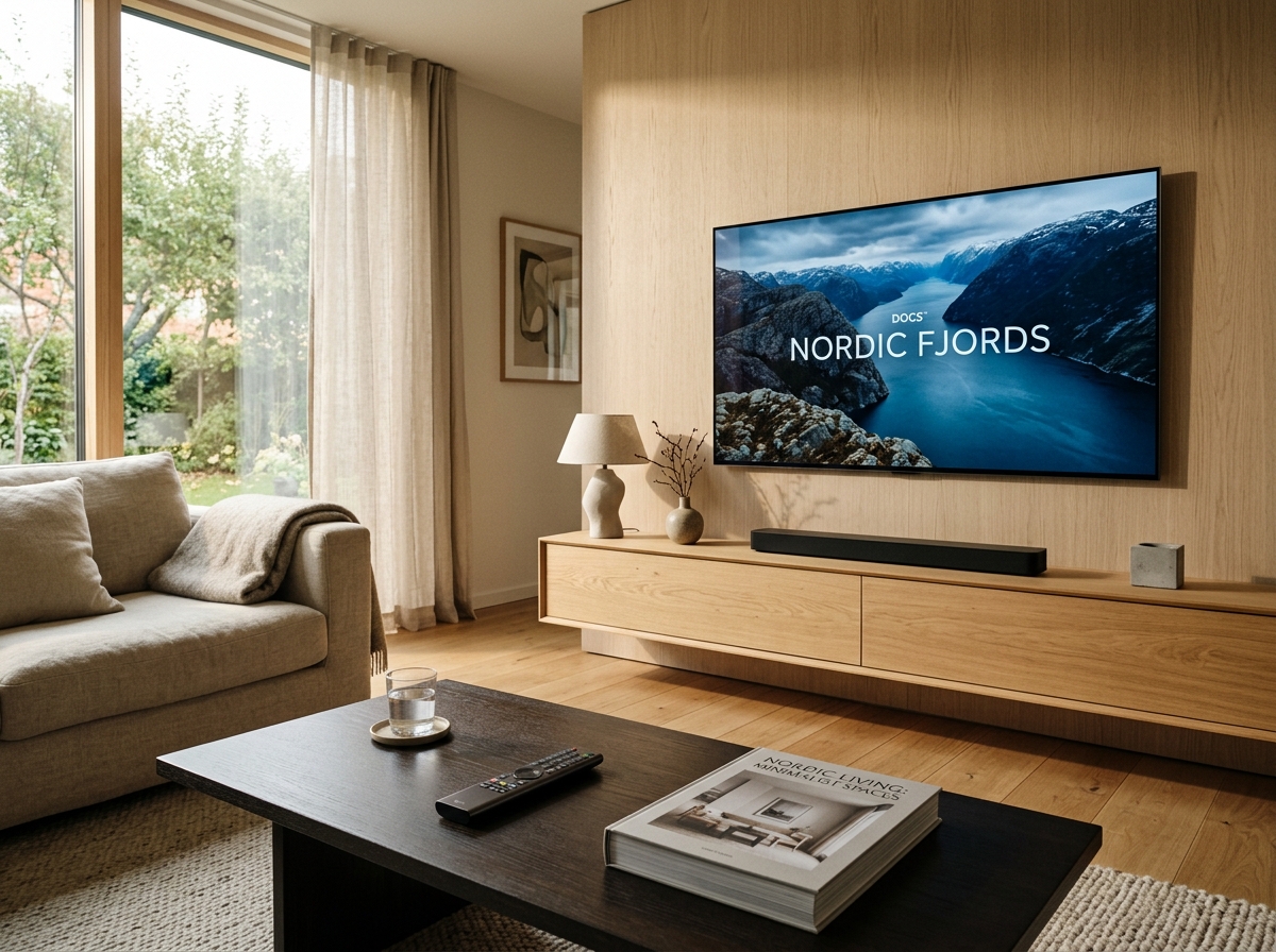 Stilrent skandinaviskt vardagsrum med vägghängd 4K-TV med stämningsfull bakgrundsbelysning