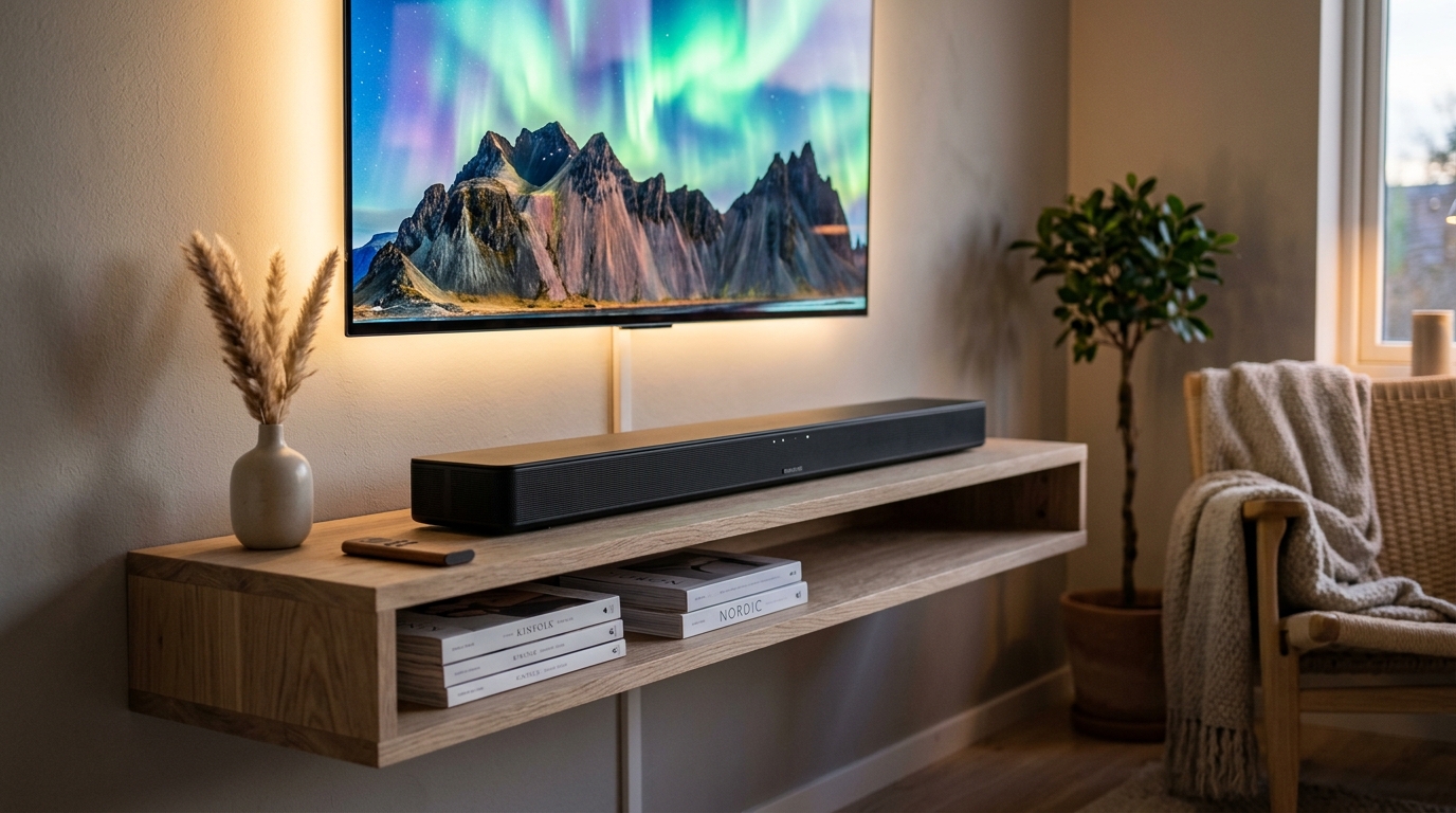 Minimalistisk soundbar på svävande ekbänk under en 4K HDR OLED-tv